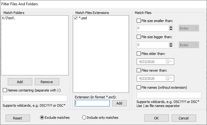 Окно Filter Files And Folders в Visual Similarity Duplicate Image Finder
