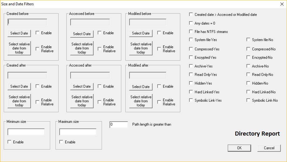 Окно Size and Date Filters в Directory Report с фильтрами Created, Accessed, Modified, Minimum size, Maximum size и атрибутами файлов