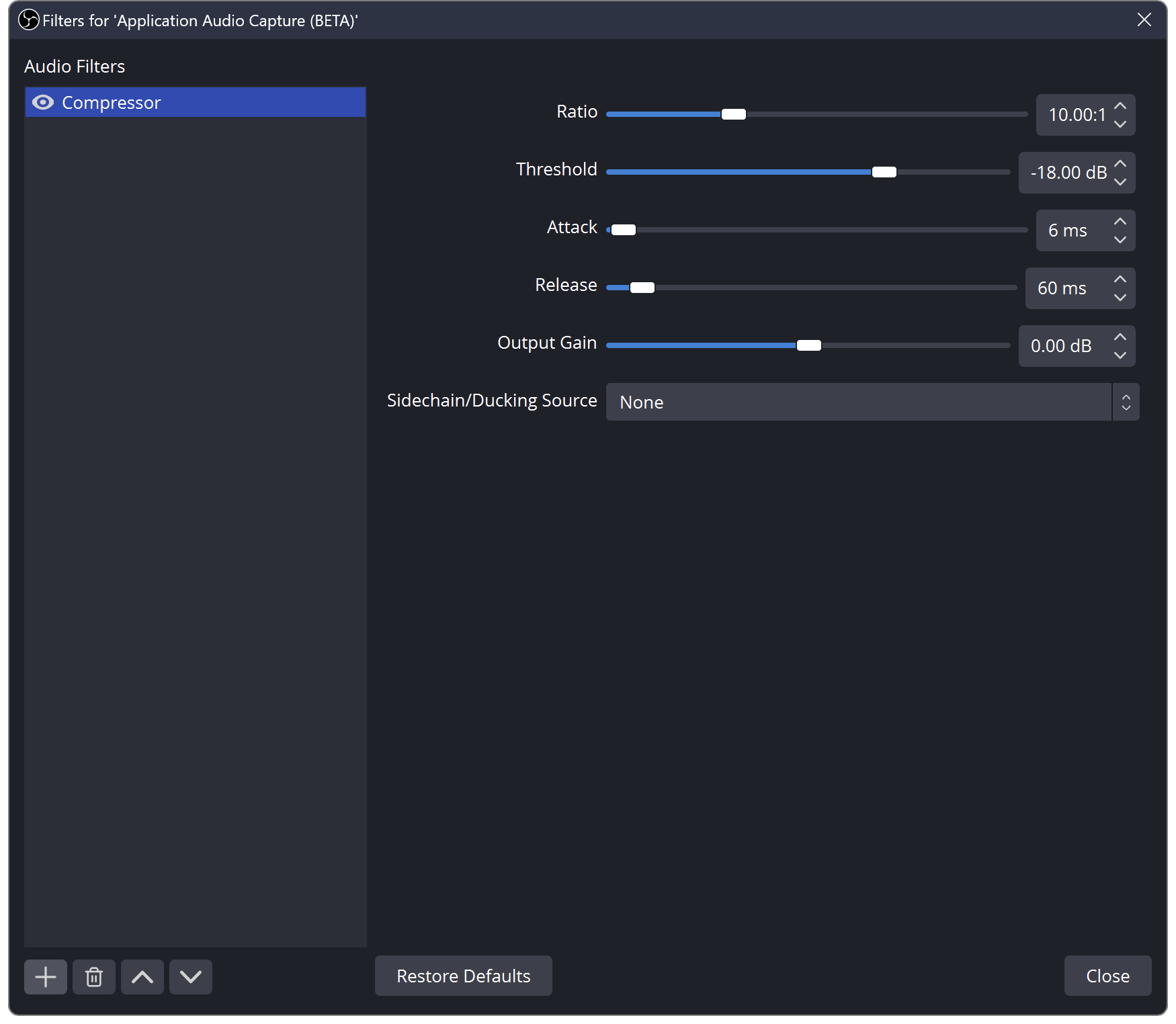 Фильтр Compressor в OBS Studio