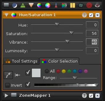 Инструмент Hue/Saturation в LightZone с вкладками Tool Settings и Color Selection