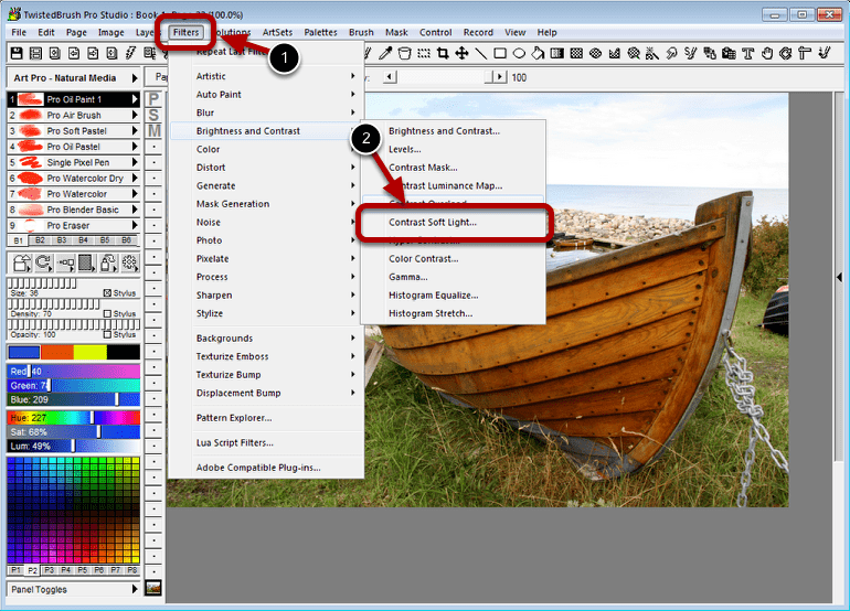 Меню Filters в TwistedBrush Pro Studio с категорией Brightness and Contrast