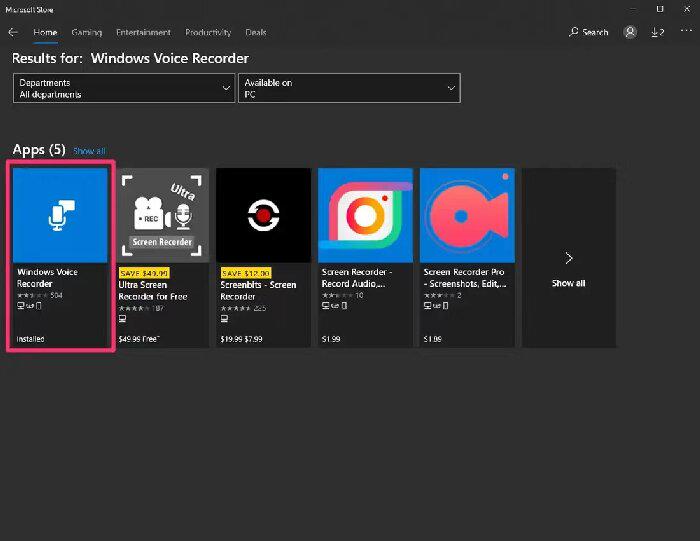 Поиск приложения Запись голоса в Windows 10
