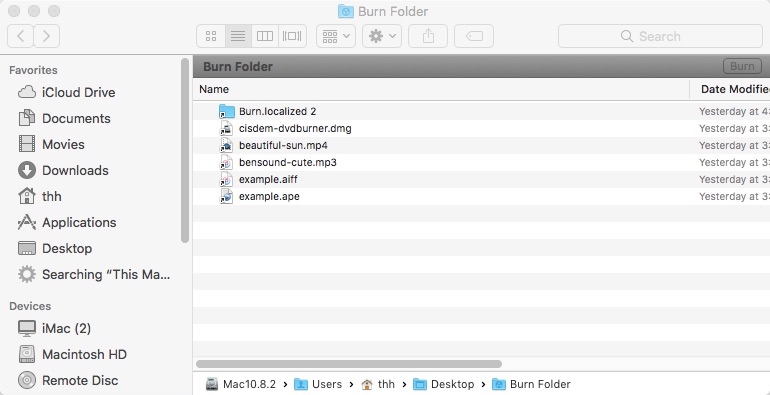 Burn Folder в Finder на macOS