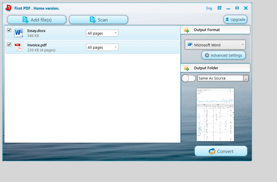 Главное окно First PDF: список файлов, выбор Output Format, кнопка Advanced Settings, блок Output Folder и кнопка Convert