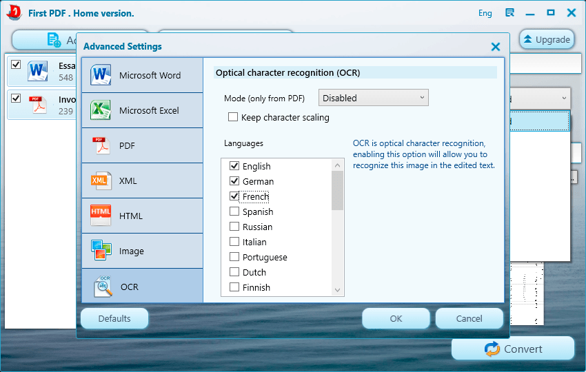Раздел OCR в First PDF: список языков, режим распознавания и параметр Keep character scaling