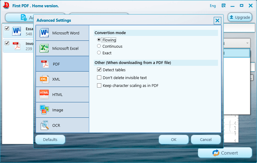 Окно Advanced Settings в First PDF: разделы Microsoft Word, Microsoft Excel, PDF, XML, HTML, Image и OCR