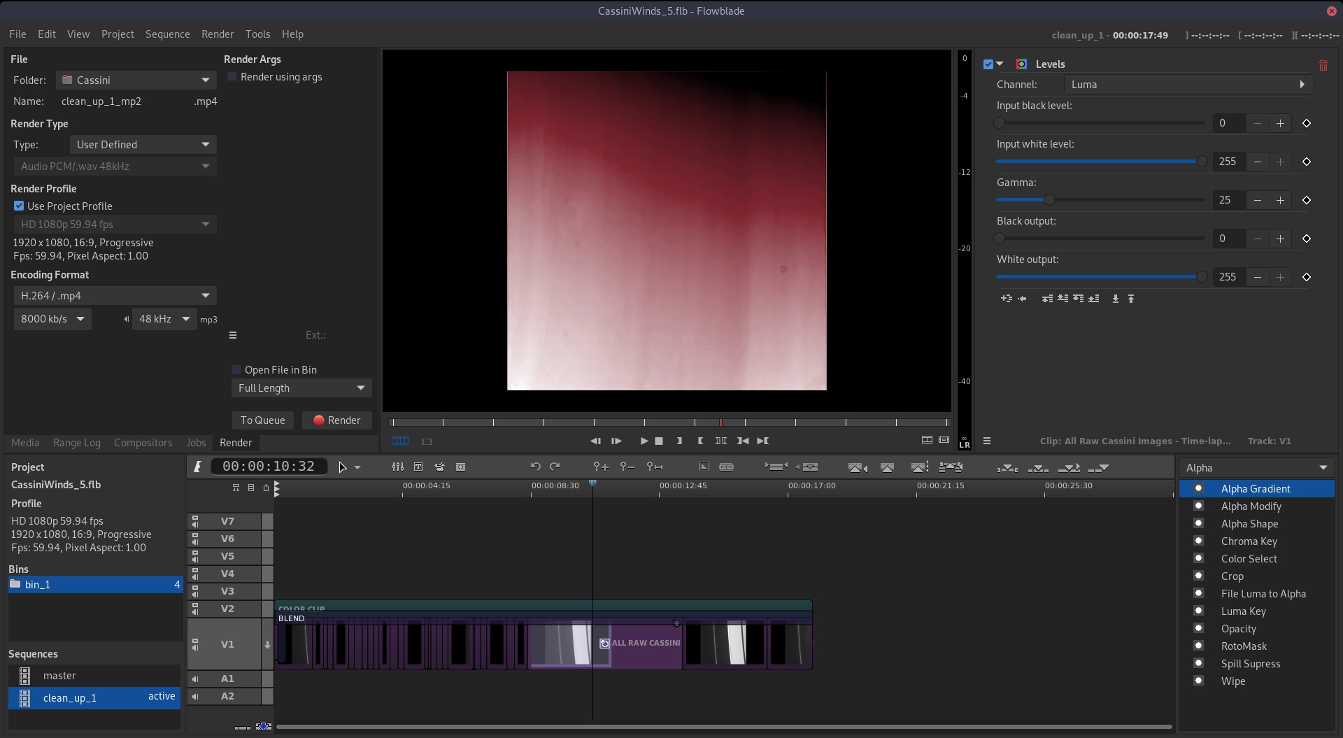 Flowblade с открытой панелью Render, фильтром Levels и таймлайном проекта