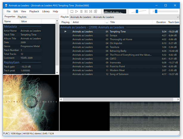 Скриншот foobar2000 с плейлистом и библиотекой