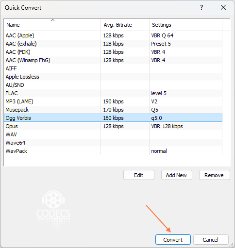 Окно Quick Convert в foobar2000