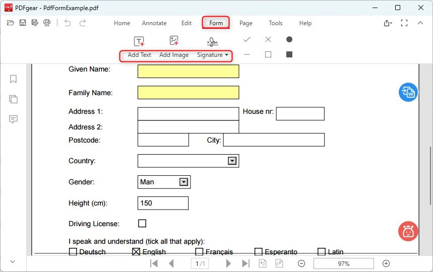 Вкладка Form в PDFgear