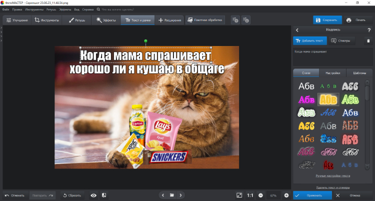 ФотоМАСТЕР: добавление текста в мем