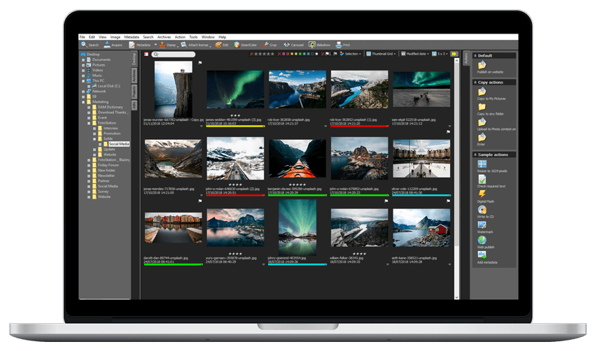 Интерфейс FotoStation с сеткой изображений, боковыми панелями и действиями