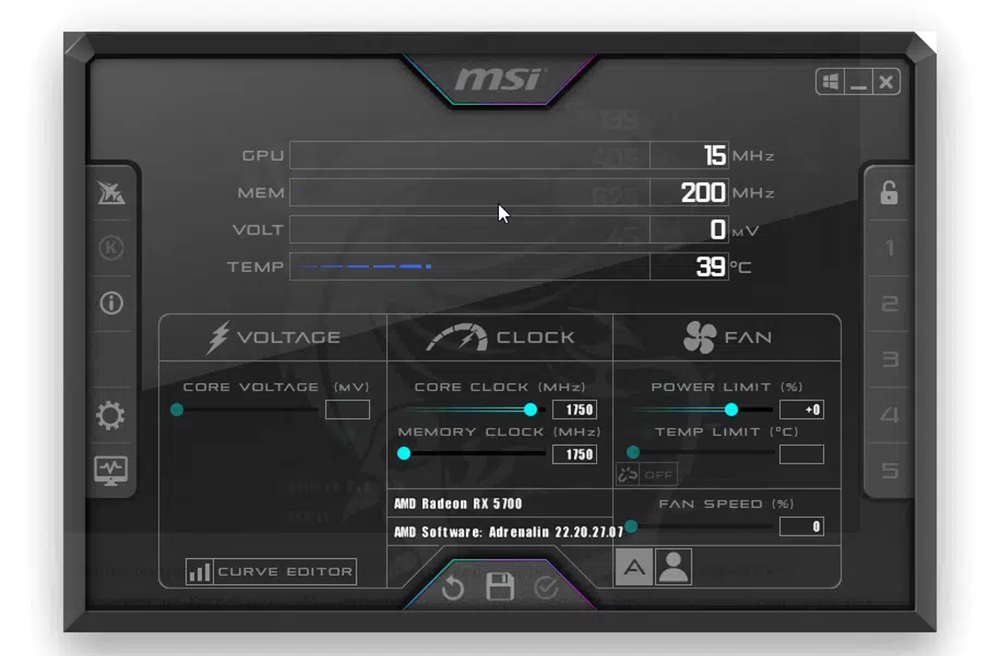 Интерфейс MSI Afterburner