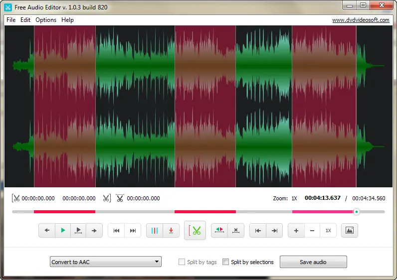 Выделенные участки в DVDVideoSoft Free Audio Editor