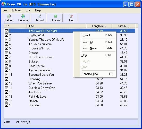 Free CD to MP3 Converter: список дорожек Audio CD