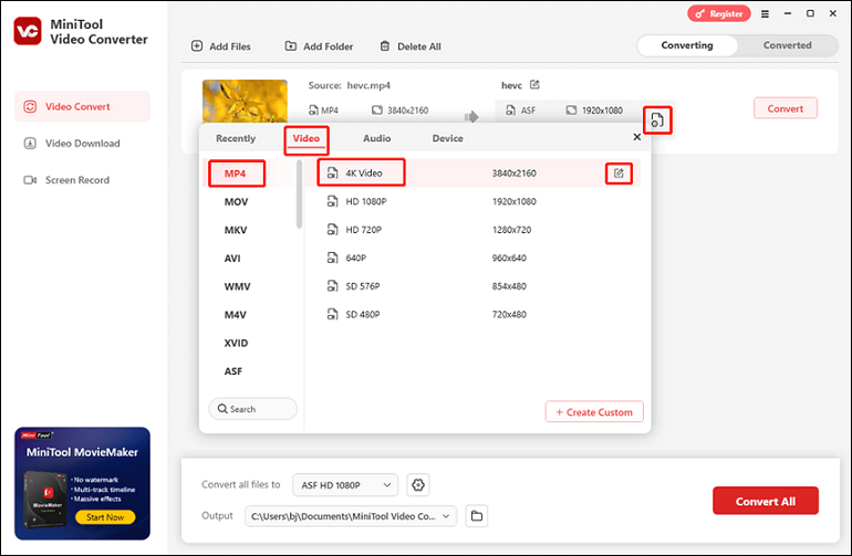 MiniTool Video Converter — выбор MP4 и параметров для HEVC
