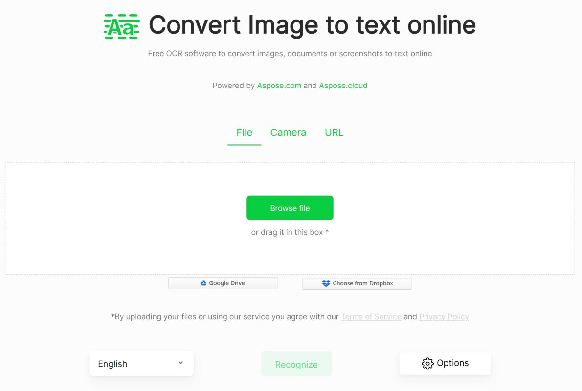 Интерфейс Aspose OCR Image To Text Converter с вкладками File, Camera, URL, кнопкой Browse file и настройками Options