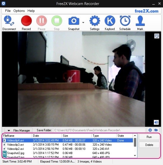 Список сохранённых файлов в Free2X Webcam Recorder