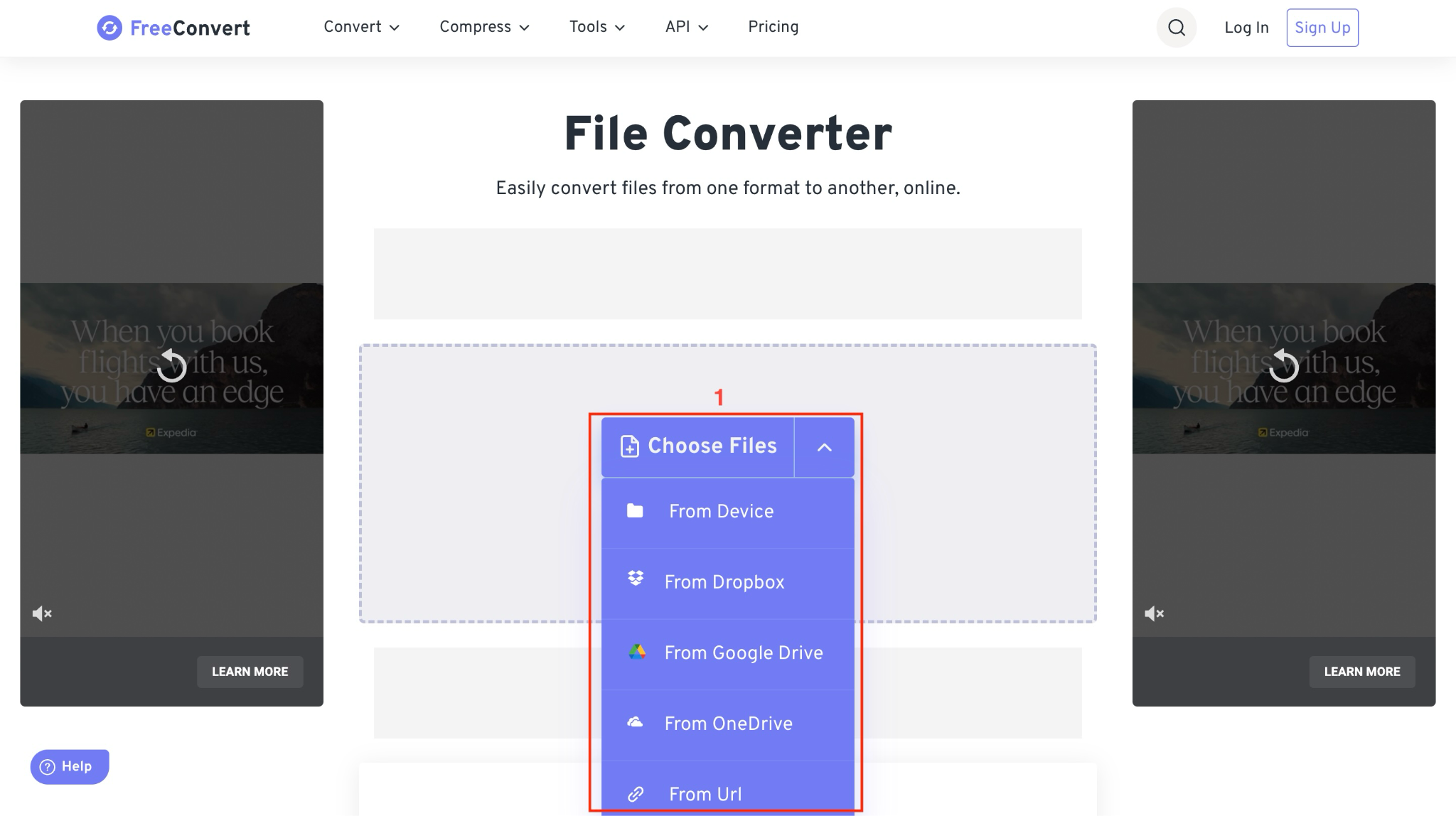 Меню Choose Files в FreeConvert с вариантами From Device, Dropbox, Google Drive, OneDrive и Url