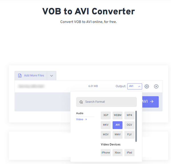 FreeConvert: выбор формата VOB в AVI
