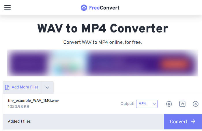 FreeConvert: выбор MP4 и запуск обработки