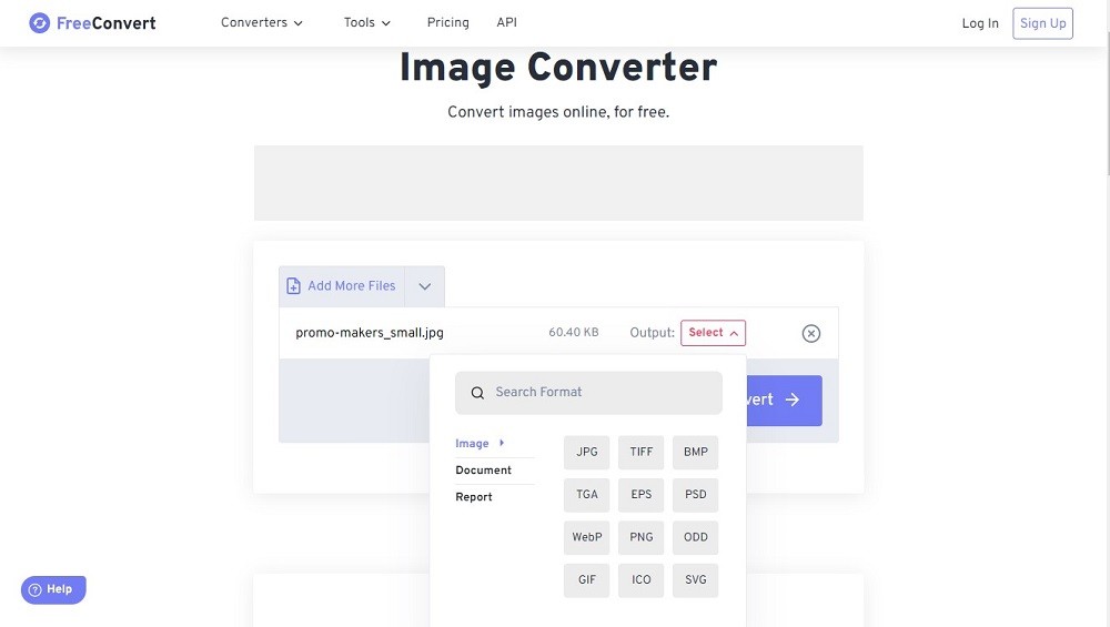 Интерфейс FreeConvert Image Converter с выбором выходного формата