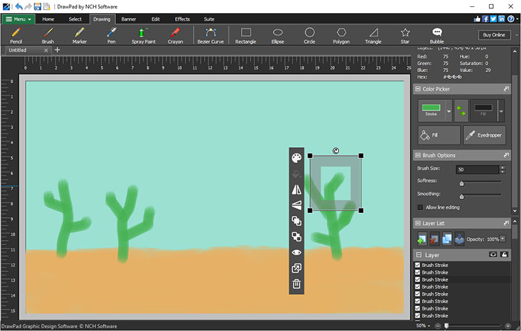 Свободное рисование в DrawPad с Brush Options и Layer List