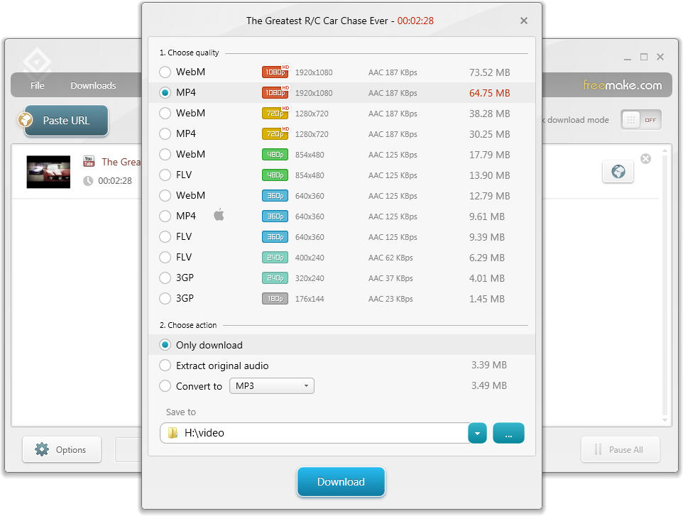 Окно выбора качества и действия в Freemake Video Downloader