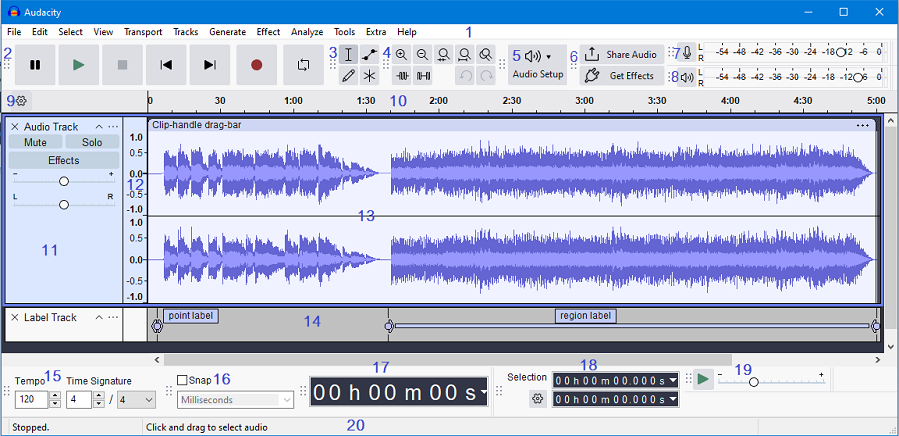 Основное окно Audacity с дорожками, шкалой времени и панелью управления