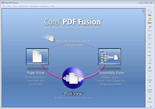 Стартовый экран Corel PDF Fusion с режимами Page View, Assembly View и Flick View