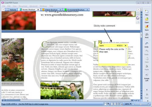 Corel PDF Fusion: sticky note comment на странице документа