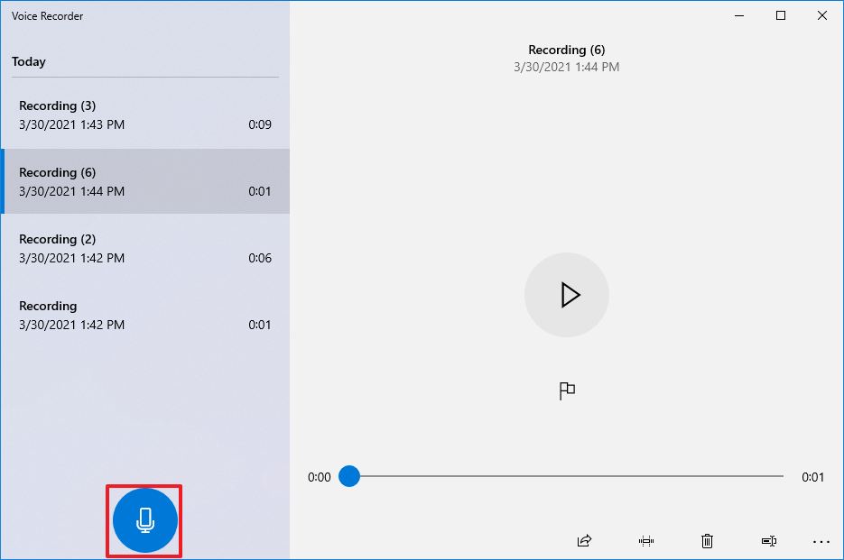 Кнопка записи в Voice Recorder