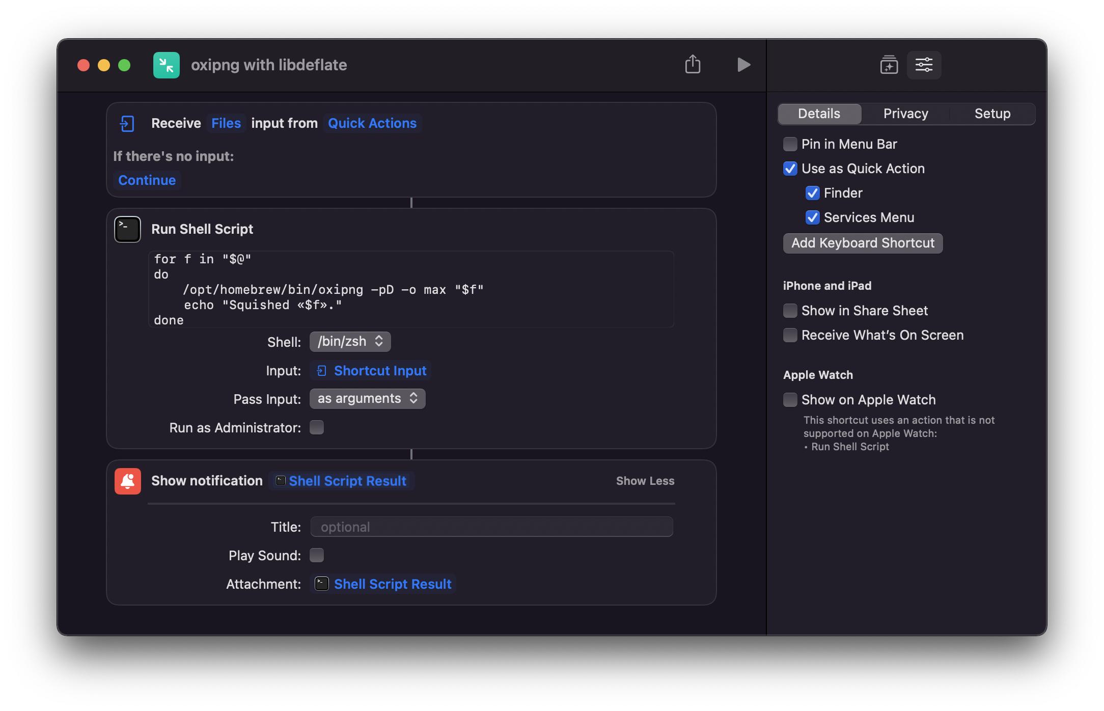 Shortcuts workflow с запуском oxipng через Run Shell Script