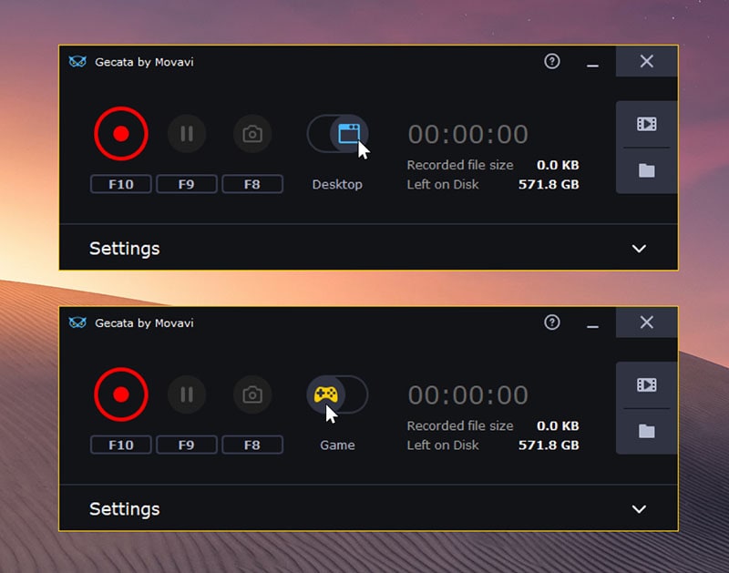 Gecata by Movavi — окно записи геймплея