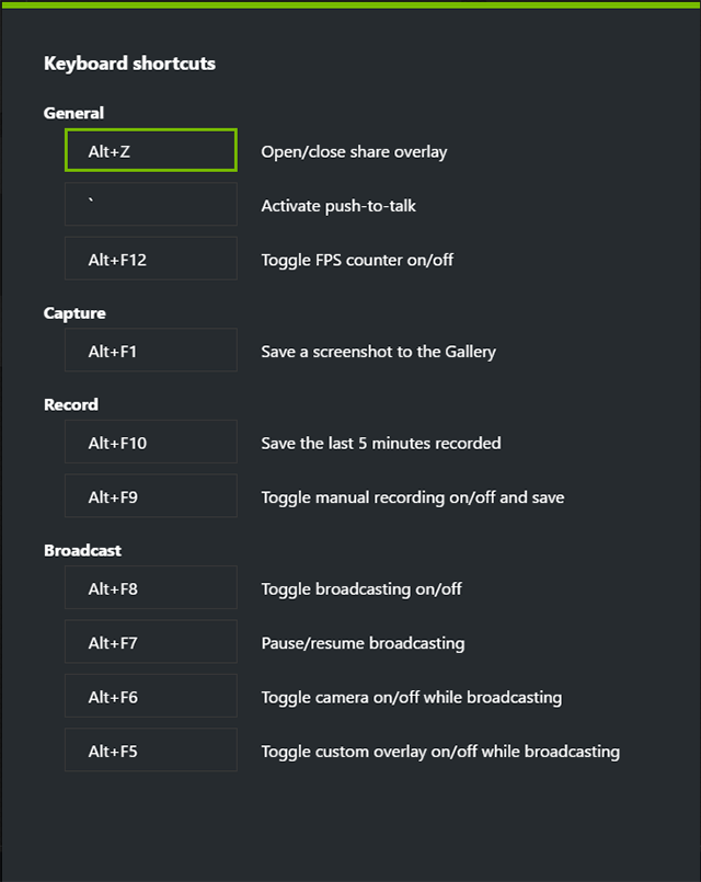 Экран Keyboard shortcuts в NVIDIA GeForce Experience
