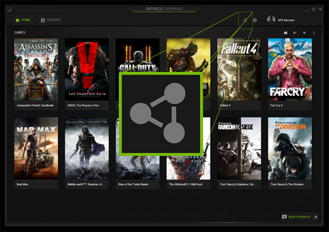Главный экран NVIDIA GeForce Experience и интеграция с Share