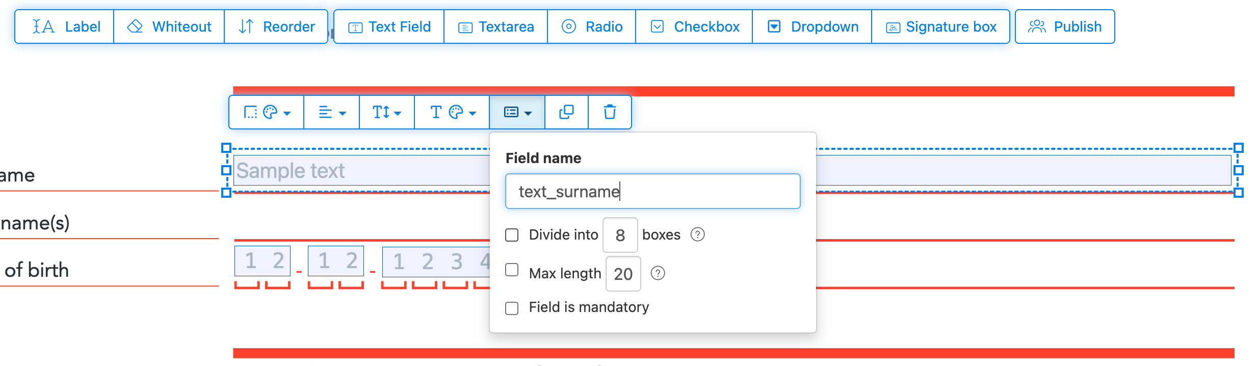 Sejda PDF Editor: свойства поля формы, имя поля и ограничения ввода