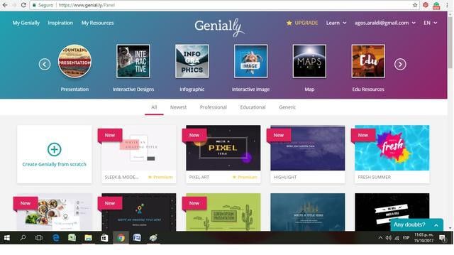 Интерфейс Genially с интерактивной презентацией и панелью элементов