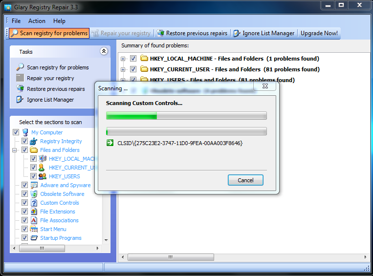 Главное окно Glarysoft Registry Repair во время сканирования реестра