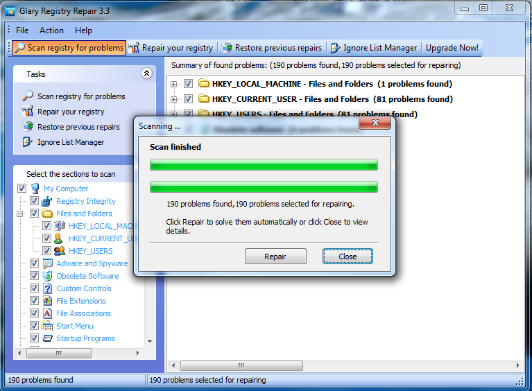 Окно завершения сканирования Glarysoft Registry Repair