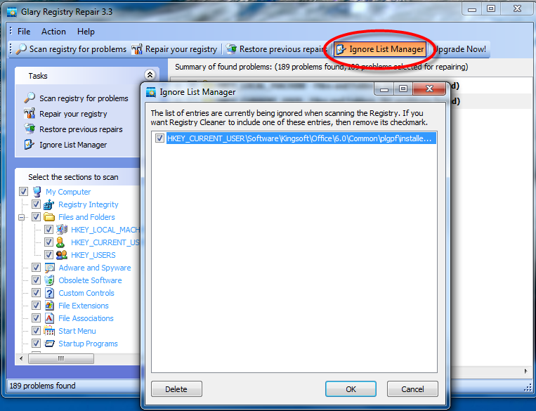 Ignore List Manager в Glarysoft Registry Repair