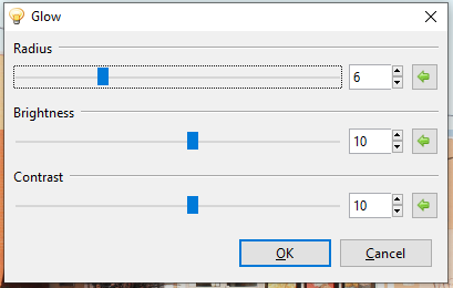 Окно эффекта Glow в Pinta с настройками Radius, Brightness и Contrast