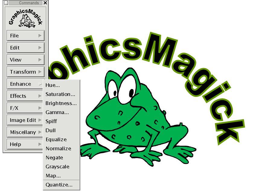 Интерфейс GraphicsMagick gm display с открытым меню Enhance