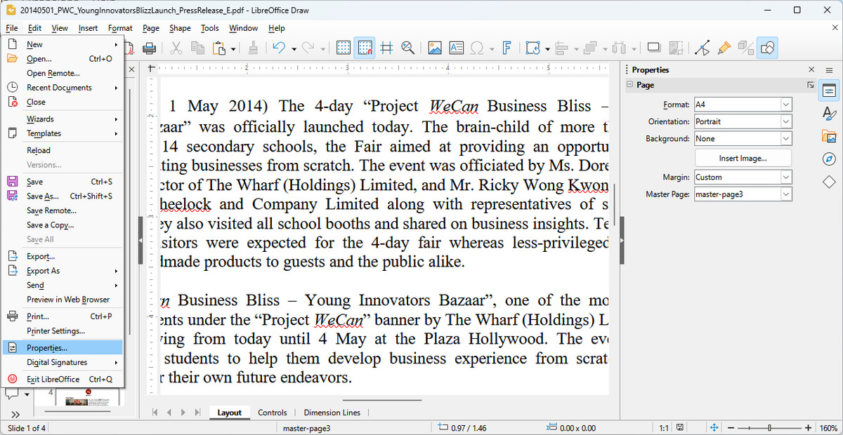 Переход к свойствам файла в LibreOffice
