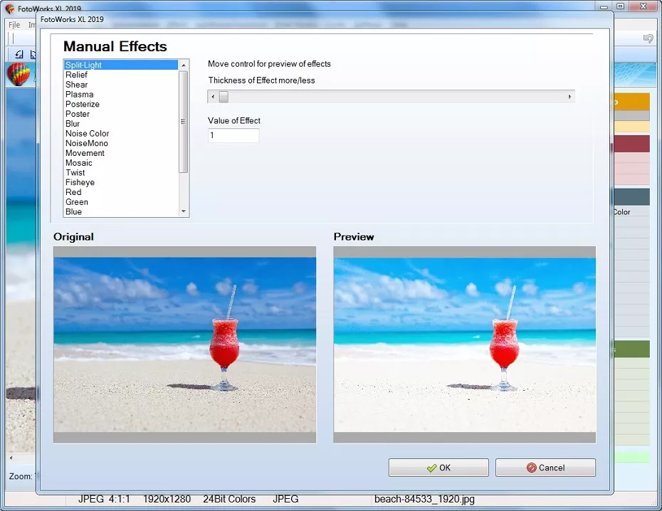Окно Manual Effects в FotoWorks XL 2 с оригиналом, предпросмотром и списком эффектов