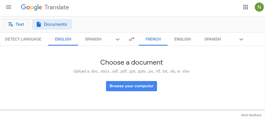 Загрузка документа в Google Translate