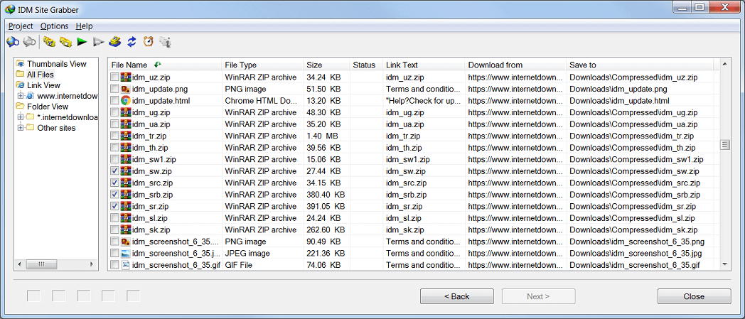 Окно IDM Site Grabber