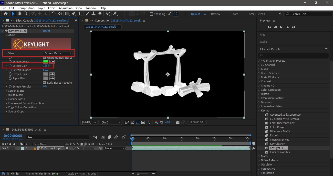 Keylight (1.2) в After Effects: View = Screen Matte, параметры Screen Colour/Screen Gain