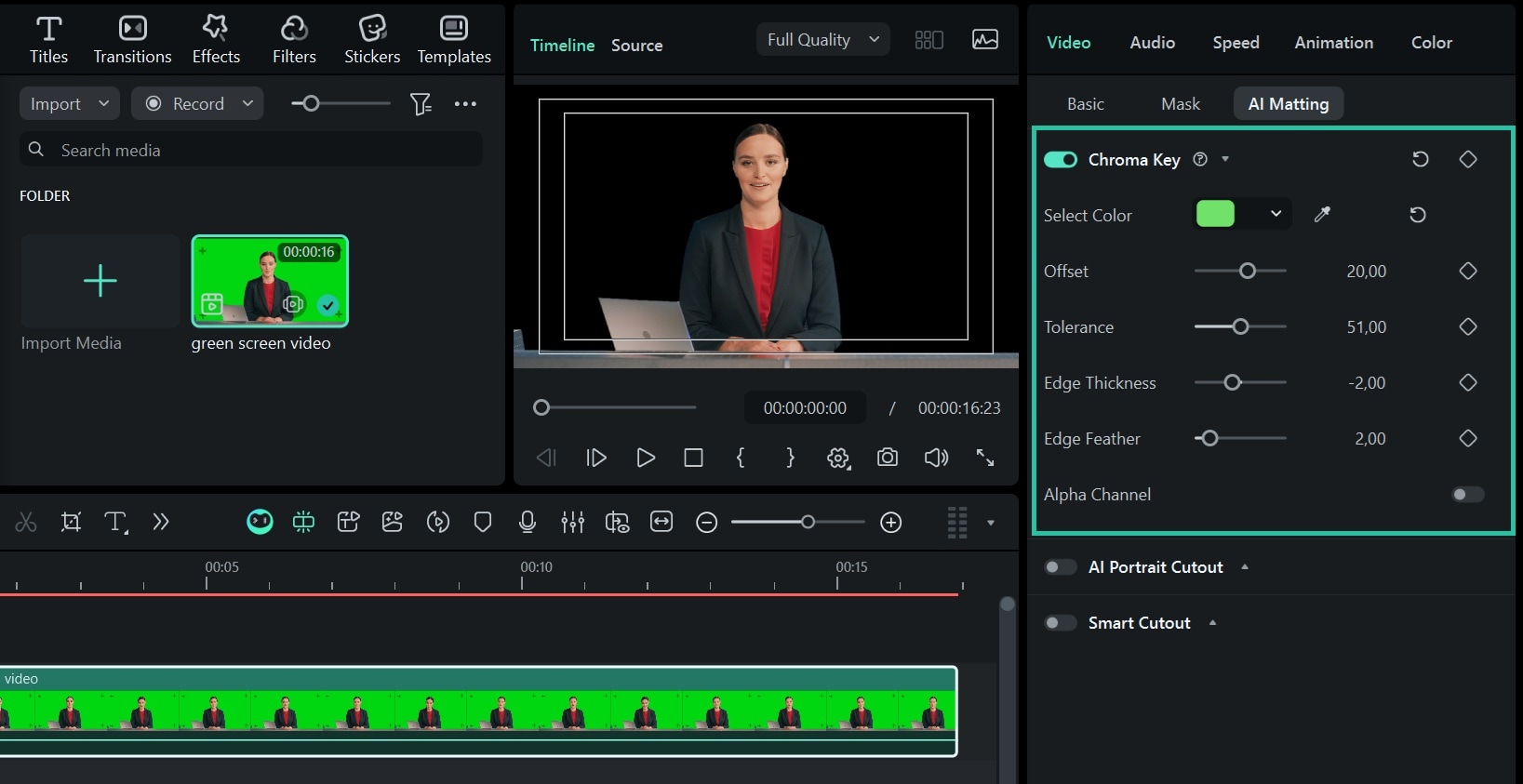 Filmora: Chroma Key находится во вкладке AI Matting, рядом с настройками Offset, Tolerance, Edge Thickness и Edge Feather
