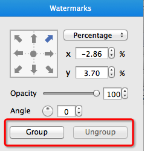 Панель Watermarks с кнопками Group и Ungroup